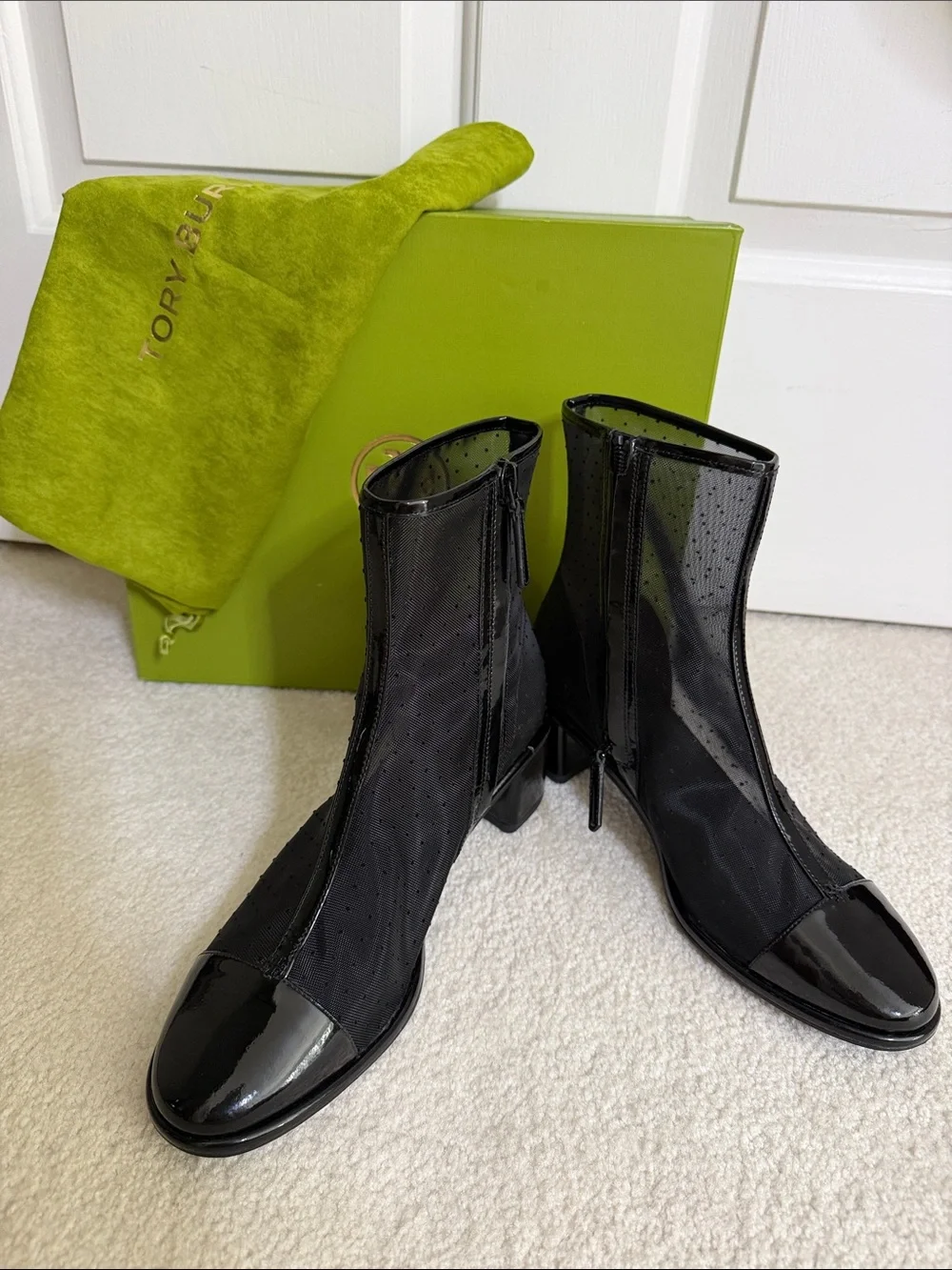 New, Tory Burch Black Patent & Perforated Mesh Ankle Booties Sz 8.5